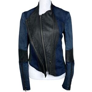 Helmut Lang Womens Stretch Denim Lamb Leather Moto Jacket Small USA Y2K Made